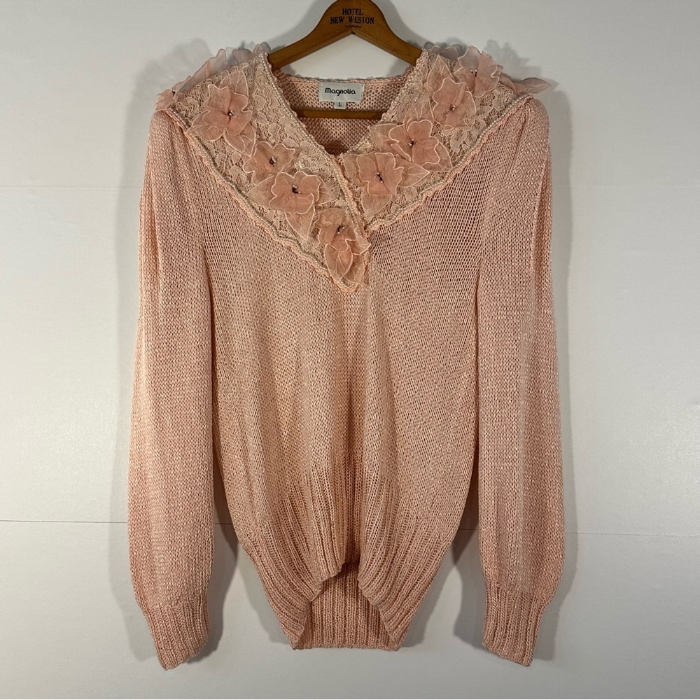 Magnolia Peach Sweater with Floral Lace Detail